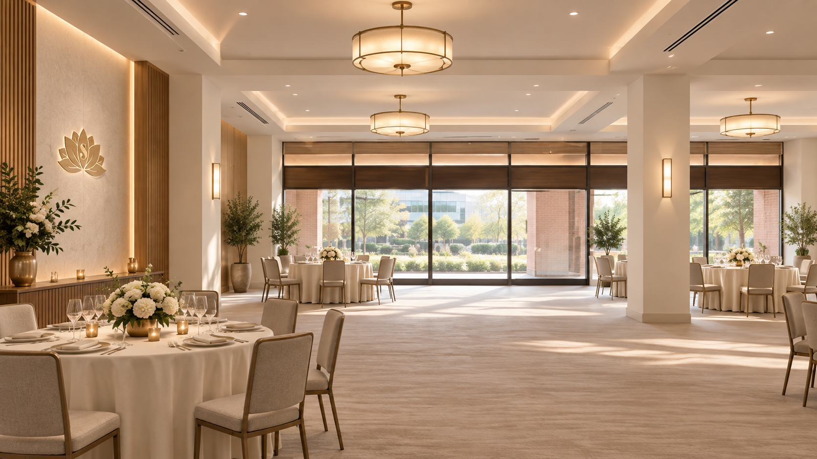 Proposed neutral ivory ballroom with window walls, brass lighting, lotus detailing, and flexible banquet seating